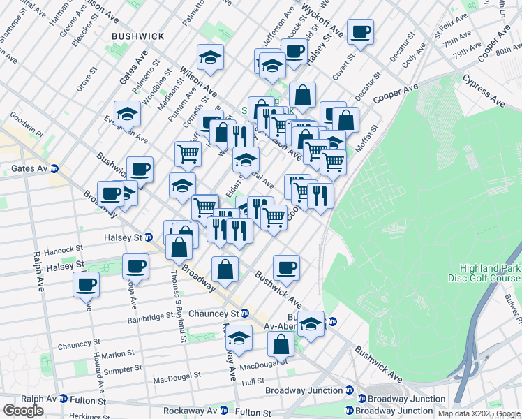 map of restaurants, bars, coffee shops, grocery stores, and more near 116 Schaefer Street in Brooklyn