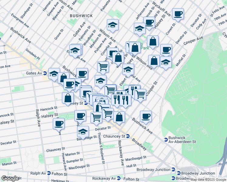 map of restaurants, bars, coffee shops, grocery stores, and more near 89 Eldert Street in Brooklyn