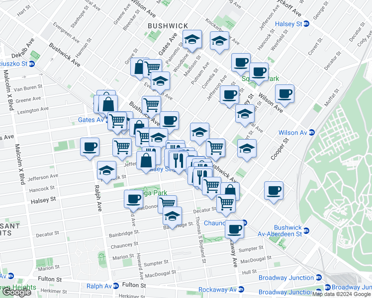map of restaurants, bars, coffee shops, grocery stores, and more near 1024 Hancock Street in Brooklyn