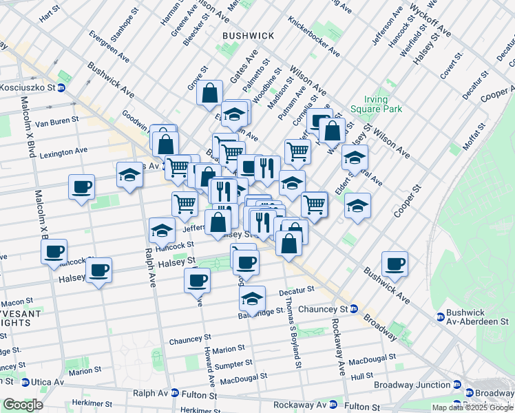map of restaurants, bars, coffee shops, grocery stores, and more near 1045 Jefferson Avenue in Brooklyn