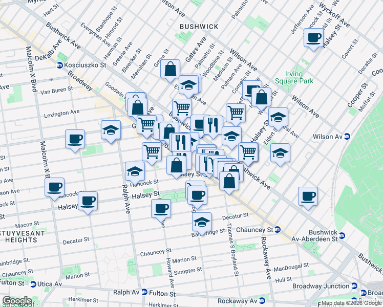 map of restaurants, bars, coffee shops, grocery stores, and more near 1045 Jefferson Avenue in Brooklyn