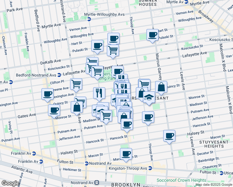 map of restaurants, bars, coffee shops, grocery stores, and more near 386 Quincy Street in Brooklyn