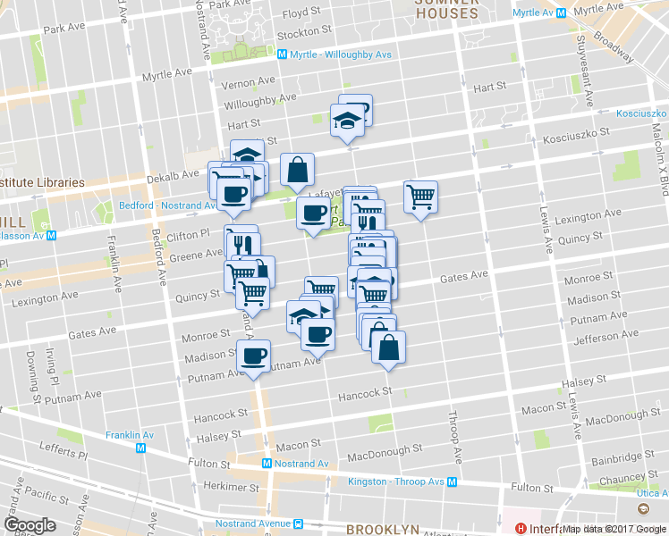 map of restaurants, bars, coffee shops, grocery stores, and more near 339 Quincy Street in Brooklyn