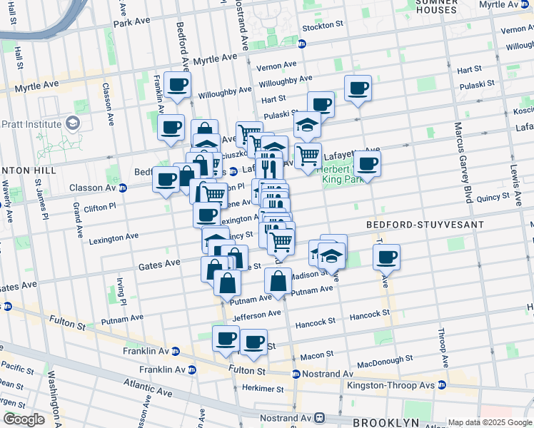 map of restaurants, bars, coffee shops, grocery stores, and more near 260 Lexington Avenue in Brooklyn