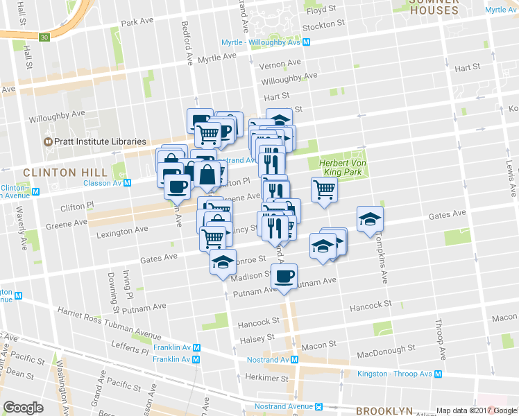 map of restaurants, bars, coffee shops, grocery stores, and more near 260 Lexington Avenue in Brooklyn