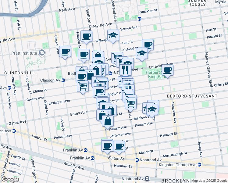 map of restaurants, bars, coffee shops, grocery stores, and more near 235A Lexington Avenue in Brooklyn
