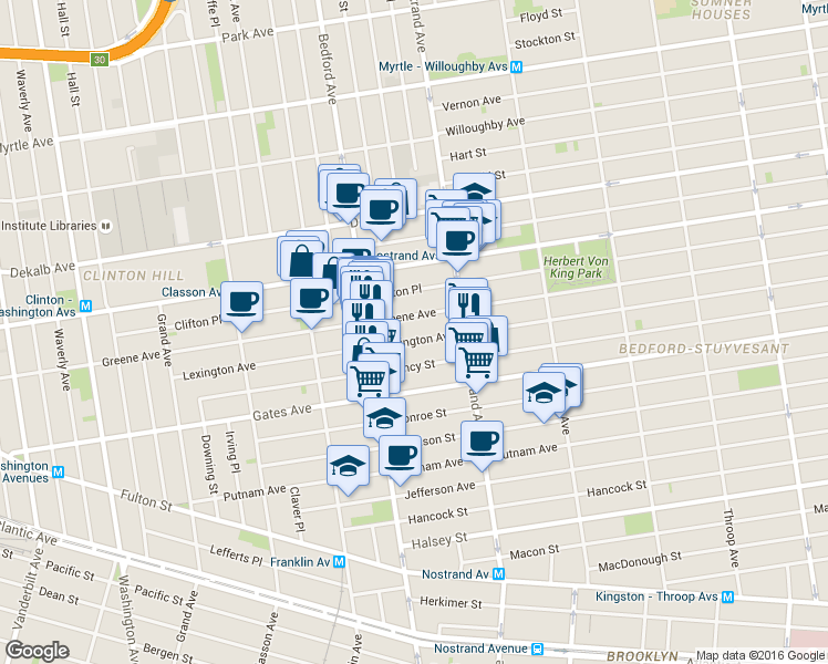map of restaurants, bars, coffee shops, grocery stores, and more near 235A Lexington Avenue in Brooklyn