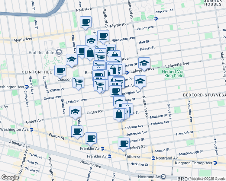 map of restaurants, bars, coffee shops, grocery stores, and more near 159 Lexington Avenue in Brooklyn