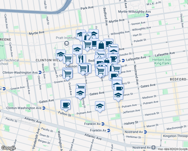 map of restaurants, bars, coffee shops, grocery stores, and more near 315 Greene Avenue in Brooklyn