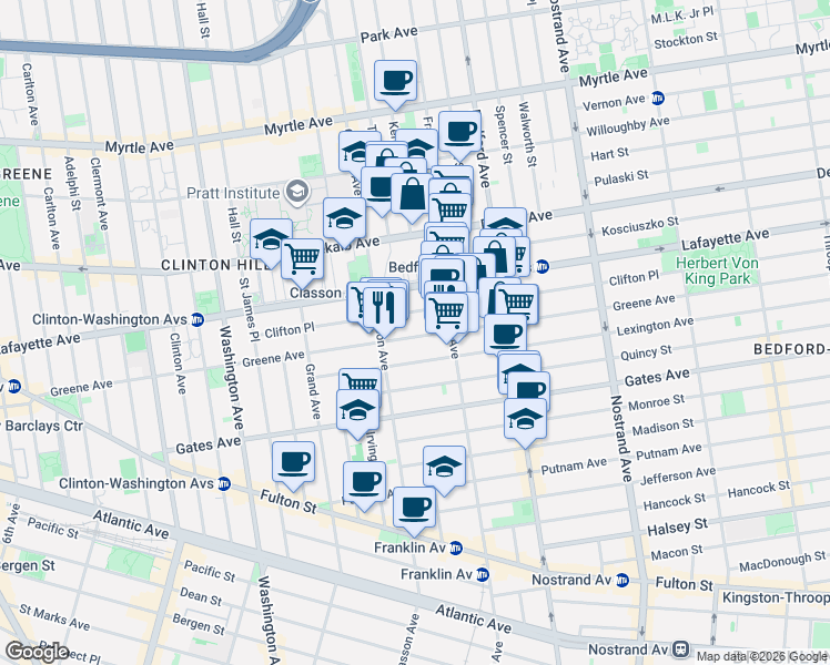 map of restaurants, bars, coffee shops, grocery stores, and more near 315 Greene Avenue in Brooklyn