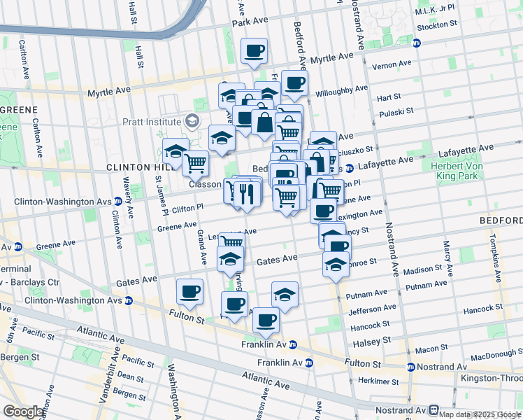 map of restaurants, bars, coffee shops, grocery stores, and more near 315 Greene Avenue in Brooklyn