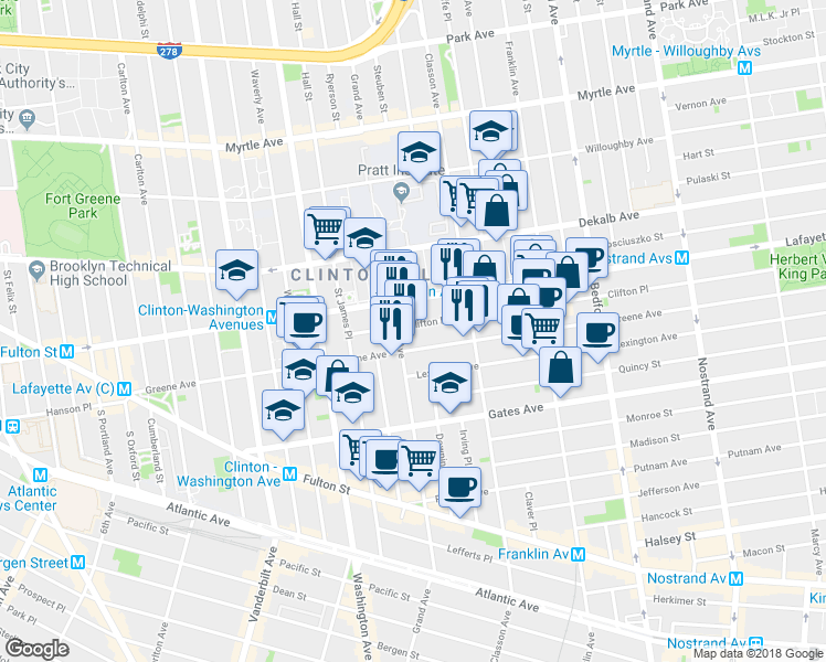 map of restaurants, bars, coffee shops, grocery stores, and more near 247 Greene Avenue in Brooklyn