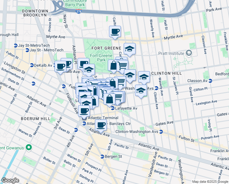 map of restaurants, bars, coffee shops, grocery stores, and more near 101 Lafayette Avenue in Brooklyn