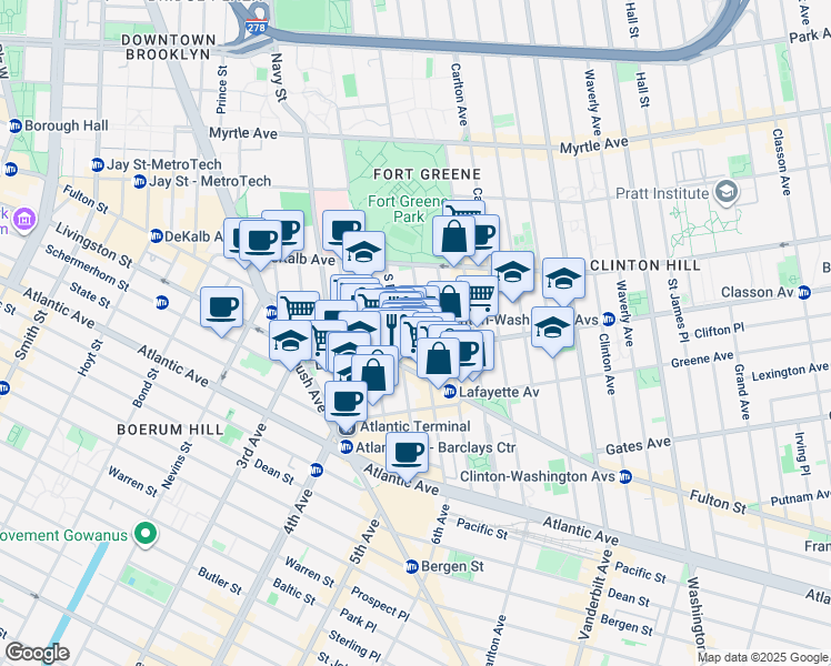 map of restaurants, bars, coffee shops, grocery stores, and more near 75 South Elliott Place in Brooklyn