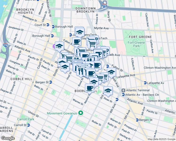 map of restaurants, bars, coffee shops, grocery stores, and more near 78 Bond Street in Brooklyn