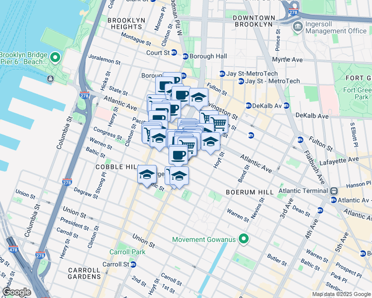 map of restaurants, bars, coffee shops, grocery stores, and more near 66 Dean Street in Brooklyn