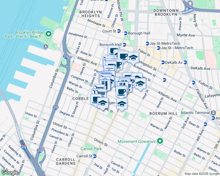 map of restaurants, bars, coffee shops, grocery stores, and more near 134 Boerum Place in Brooklyn