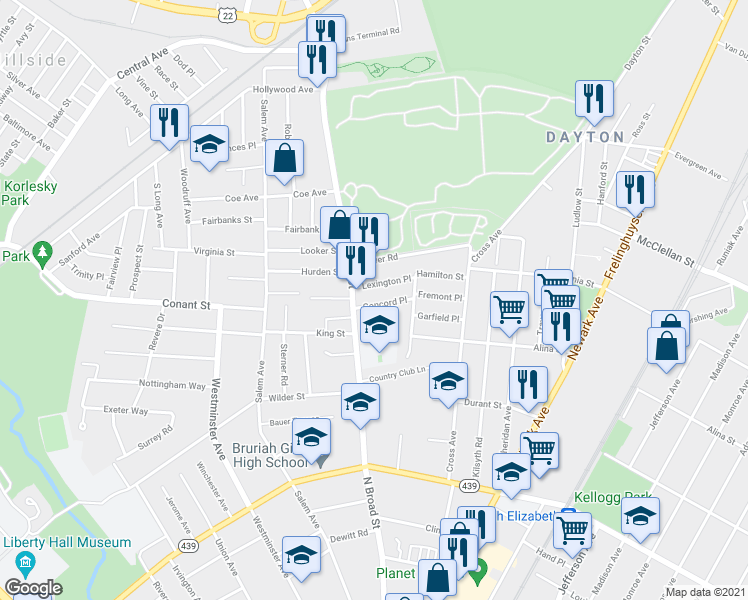 map of restaurants, bars, coffee shops, grocery stores, and more near 1441 Concord Place in Elizabeth