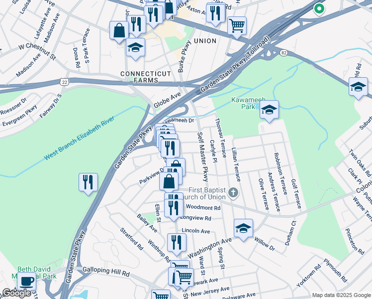 map of restaurants, bars, coffee shops, grocery stores, and more near 248 Burroughs Terrace in Union