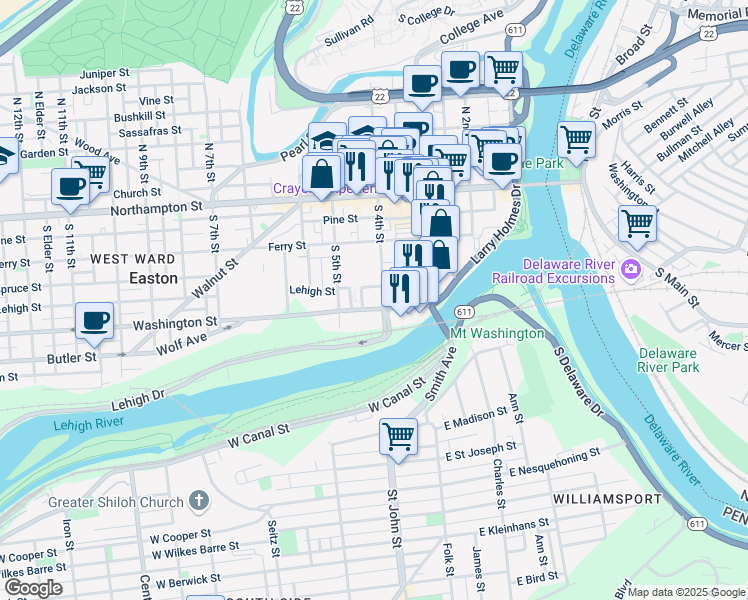 map of restaurants, bars, coffee shops, grocery stores, and more near in Easton