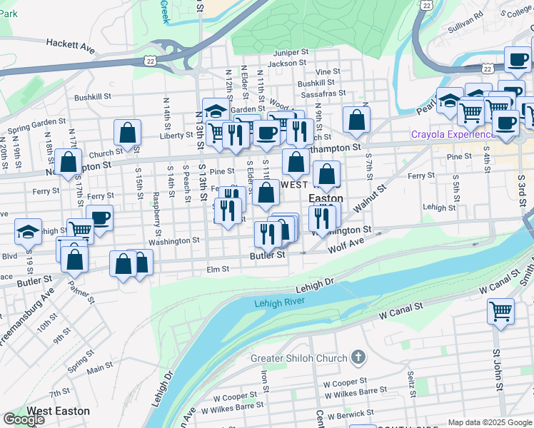 map of restaurants, bars, coffee shops, grocery stores, and more near 1124 Lehigh Street in Easton