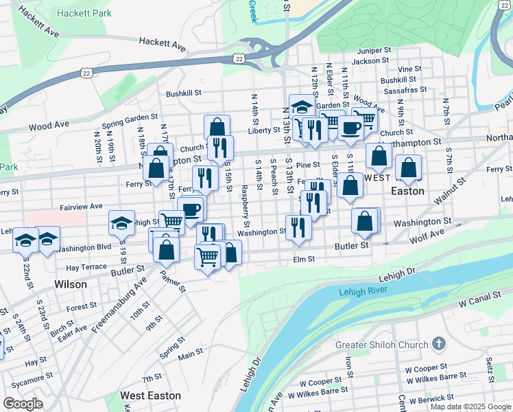 map of restaurants, bars, coffee shops, grocery stores, and more near 1343 Lehigh Street in Easton
