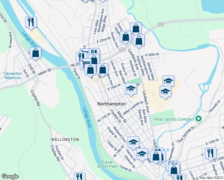 map of restaurants, bars, coffee shops, grocery stores, and more near 1754 Washington Avenue in Northampton