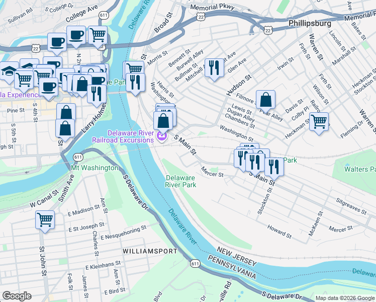 map of restaurants, bars, coffee shops, grocery stores, and more near 8 Hanover Street in Phillipsburg