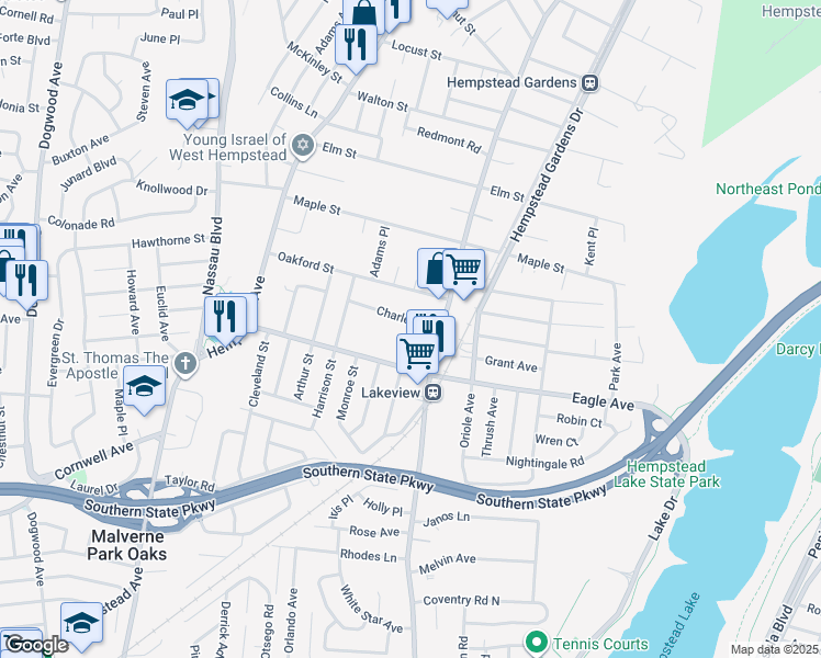 map of restaurants, bars, coffee shops, grocery stores, and more near 376 Charles Street in West Hempstead