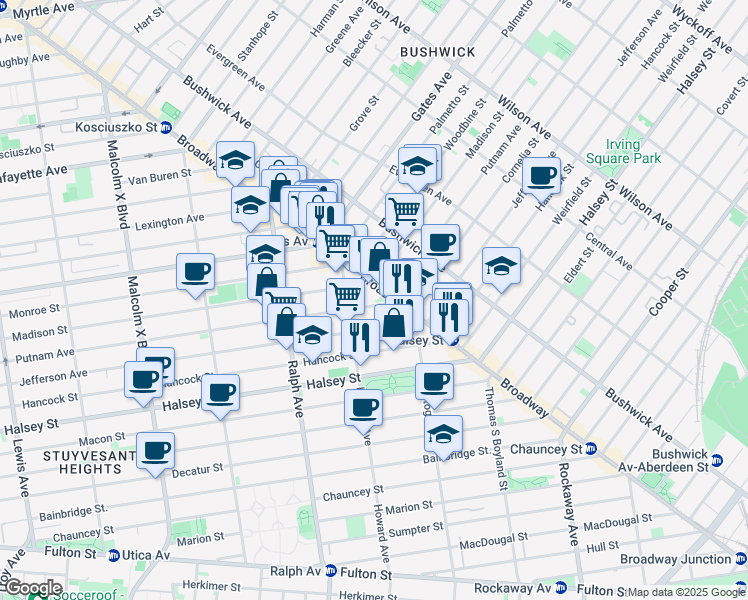 map of restaurants, bars, coffee shops, grocery stores, and more near 1021 Putnam Avenue in Brooklyn
