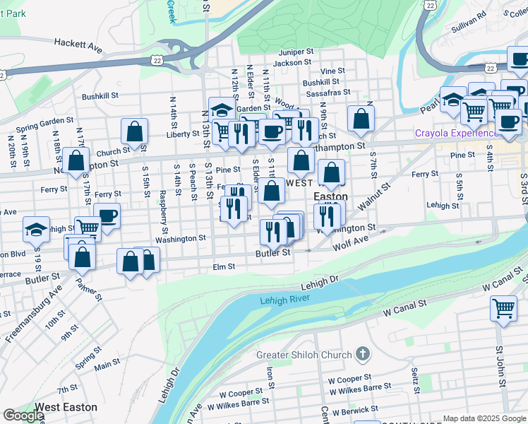map of restaurants, bars, coffee shops, grocery stores, and more near 1125 Lehigh Street in Easton