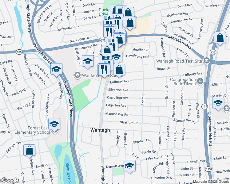 map of restaurants, bars, coffee shops, grocery stores, and more near 1426 Olcott Street in Wantagh