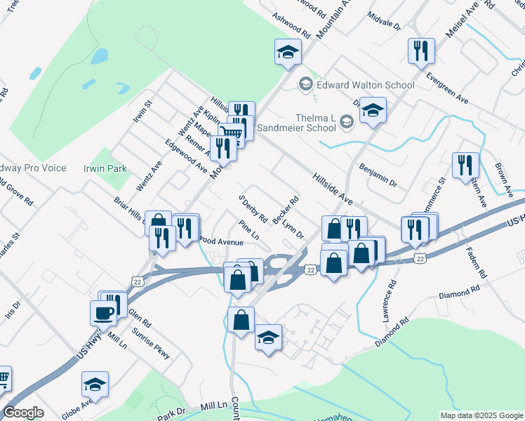 map of restaurants, bars, coffee shops, grocery stores, and more near 10 South Derby Road in Springfield