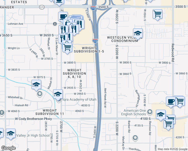 map of restaurants, bars, coffee shops, grocery stores, and more near 3869 South Treasure Isle Road in West Valley City