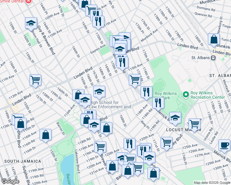 map of restaurants, bars, coffee shops, grocery stores, and more near 168-18 116th Avenue in Queens