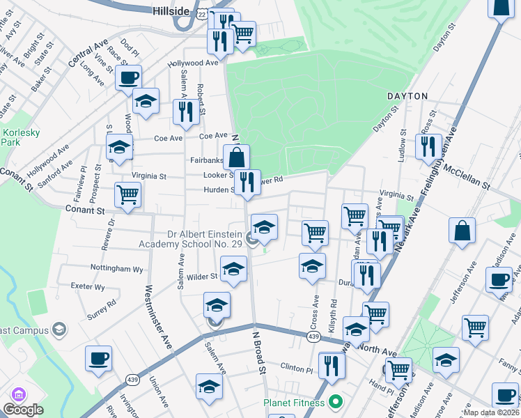 map of restaurants, bars, coffee shops, grocery stores, and more near 1441 Concord Place in Elizabeth