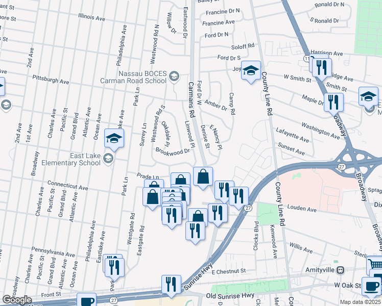 map of restaurants, bars, coffee shops, grocery stores, and more near 6 Linwood Place in Massapequa Park