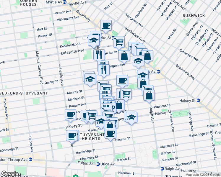 map of restaurants, bars, coffee shops, grocery stores, and more near 697 Madison Street in Brooklyn