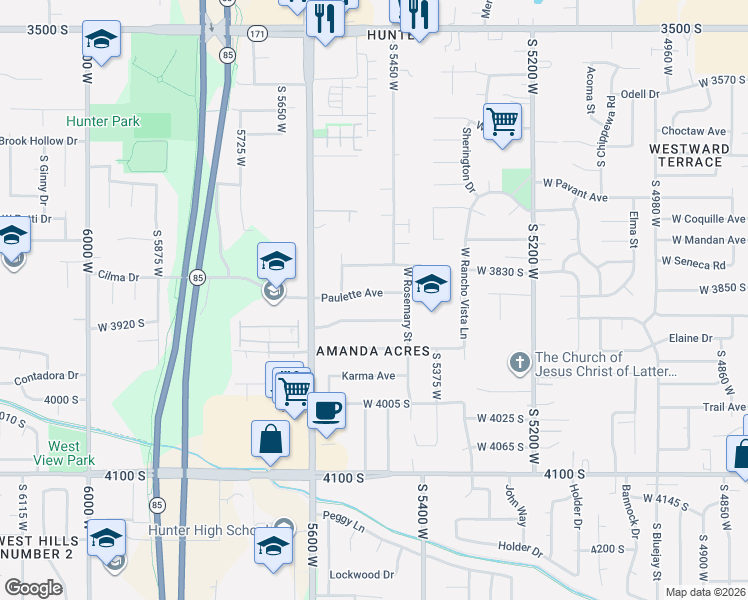 map of restaurants, bars, coffee shops, grocery stores, and more near 5485 Paulette Avenue in West Valley City