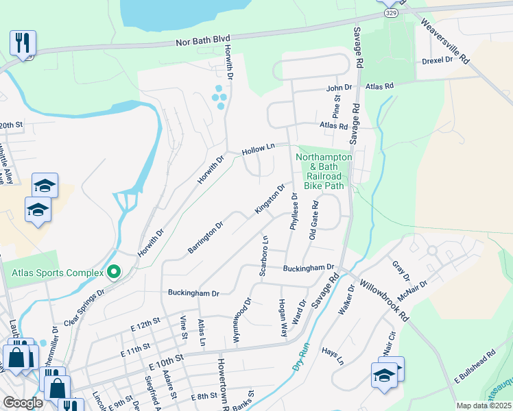 map of restaurants, bars, coffee shops, grocery stores, and more near 1342 Kingston Court in Northampton