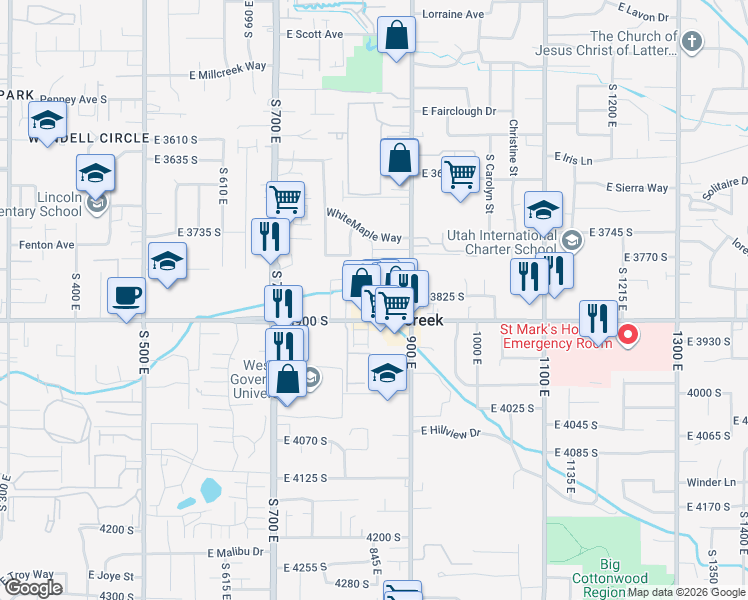 map of restaurants, bars, coffee shops, grocery stores, and more near 848 Bristle Pine Place in Salt Lake City