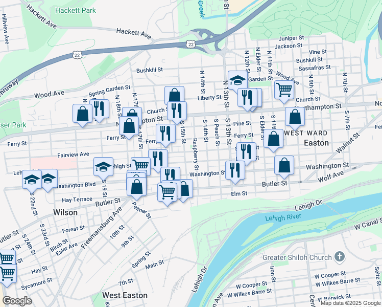 map of restaurants, bars, coffee shops, grocery stores, and more near 1438 Spruce Street in Easton