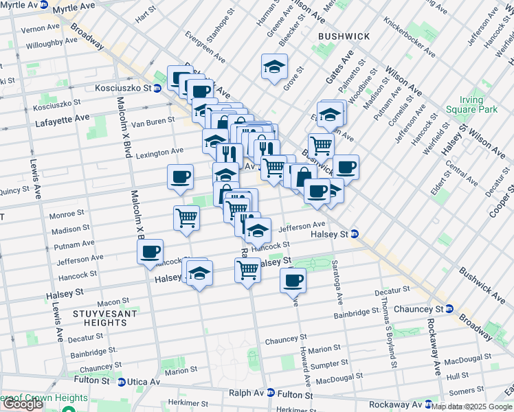 map of restaurants, bars, coffee shops, grocery stores, and more near 880 Madison Street in Brooklyn
