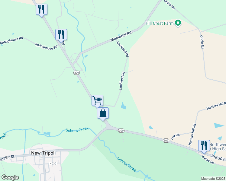 map of restaurants, bars, coffee shops, grocery stores, and more near 6962 Lochland Road in New Tripoli