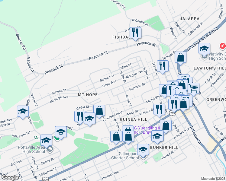 map of restaurants, bars, coffee shops, grocery stores, and more near 800 Harrison Street in Pottsville