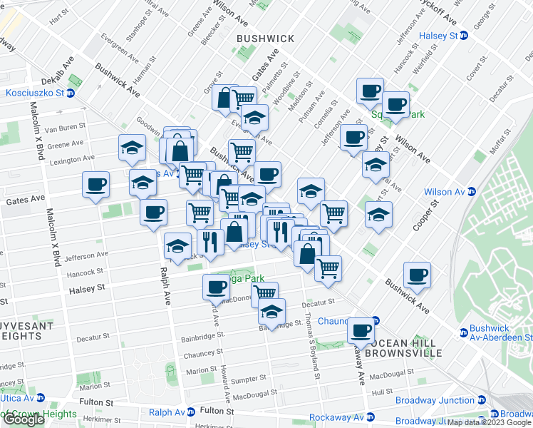 map of restaurants, bars, coffee shops, grocery stores, and more near 1049 Jefferson Avenue in Brooklyn