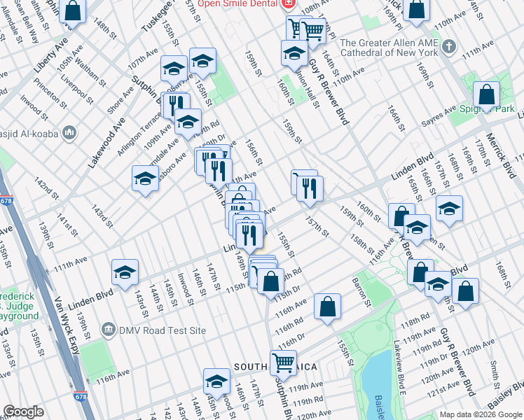 map of restaurants, bars, coffee shops, grocery stores, and more near 150-48 113th Avenue in Queens