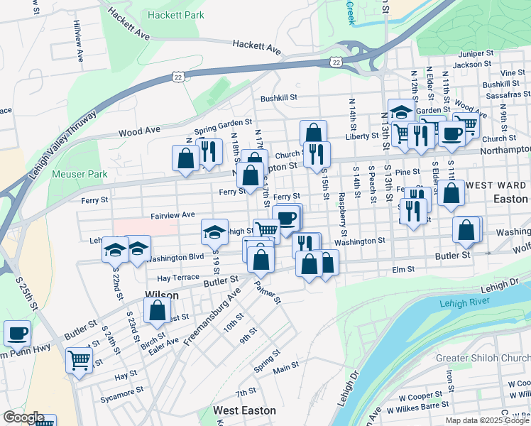 map of restaurants, bars, coffee shops, grocery stores, and more near 127 South 17th Street in Easton