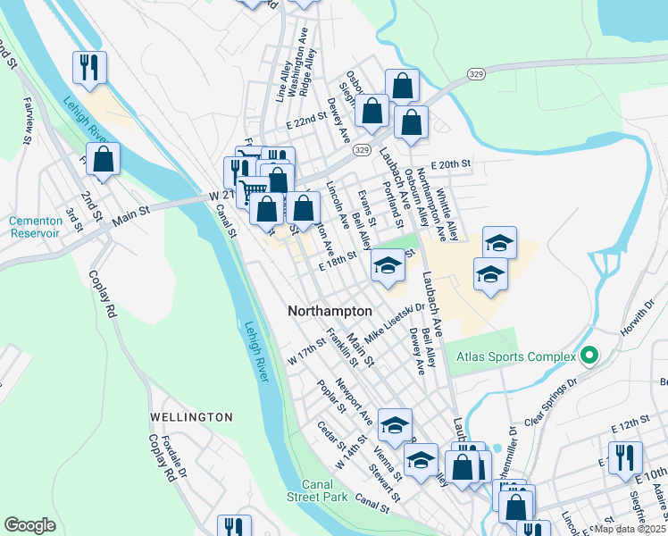 map of restaurants, bars, coffee shops, grocery stores, and more near 1754 Washington Avenue in Northampton