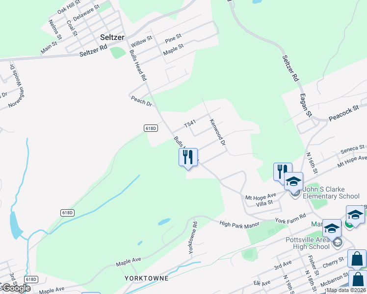map of restaurants, bars, coffee shops, grocery stores, and more near 499 Parkmeadow Drive in Pottsville